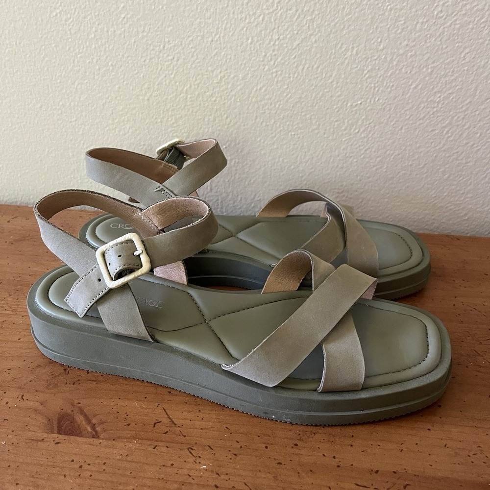 Woman's Sandals 10 Green Leather Cross Cross Boho Flatform Platform Cross Cross - Picture 2 of 8